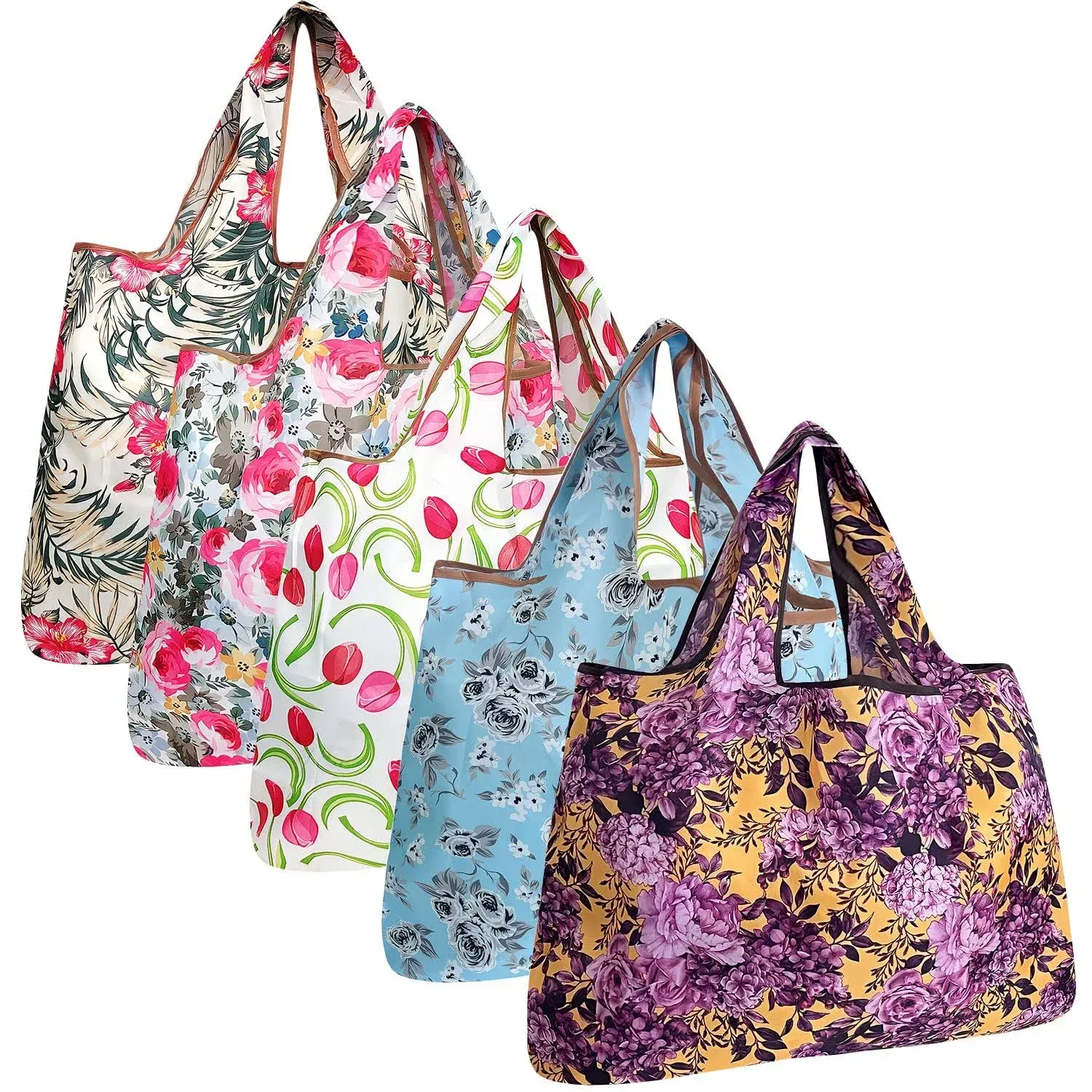 Wrapables Large Foldable Tote Nylon Reusable Grocery Bags, 5 Pack, Pink & Purple Bouquet