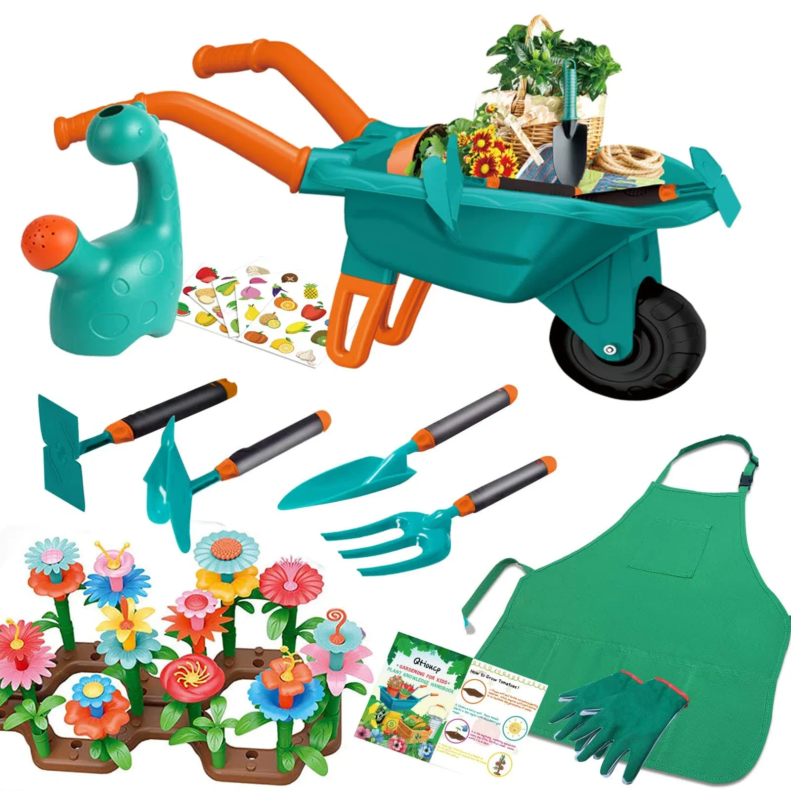 16Pcs Kids Gardening Tools Outdoor Toys Set Backyard Play with Wheelbarrow, Apron, Watering Can and More Educational STEM Learning Pretend Toys Outdoor Indoor for Toddlers Kids Boys Girls