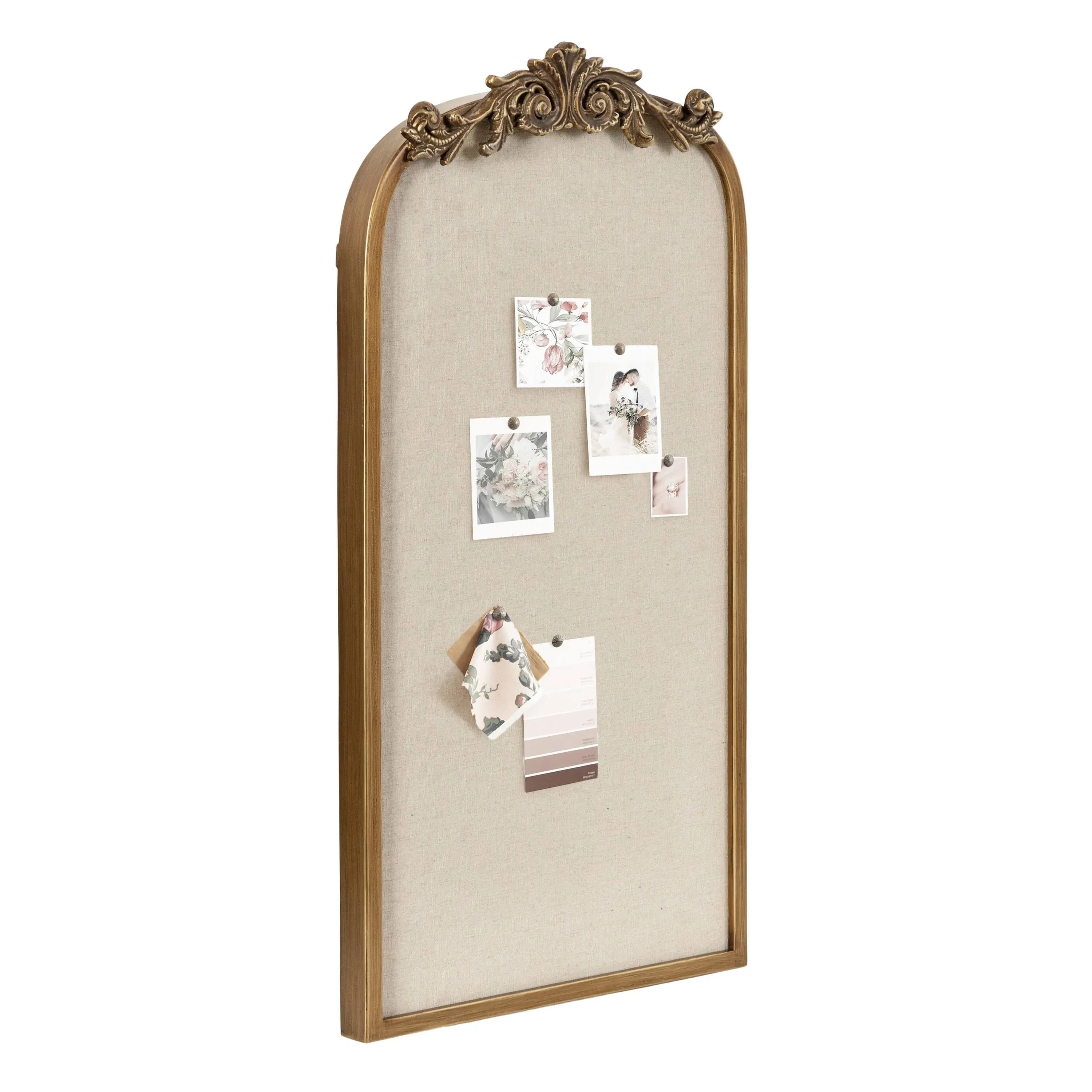 Kate and Laurel Arendahl Arch Pinboard, Gold, 13 x 25, Framed Arched Ornate Vintage Cork Board for Unique Display, Organization, and Decor Options