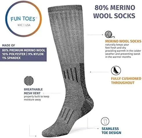 FUN TOES 80% Merino Wool Boot Socks Knee-High Socks, Wool Hiking Socks Perfect f