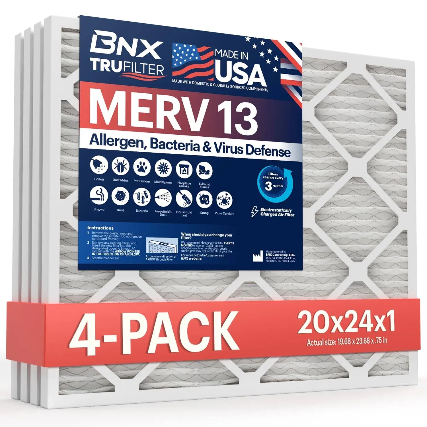 BNX TruFilter 20x24x1 Air Filter MERV 13 (4-Pack) - Made in USA - Electrostatic Pleated Air Conditioner HVAC AC Furnace Filters