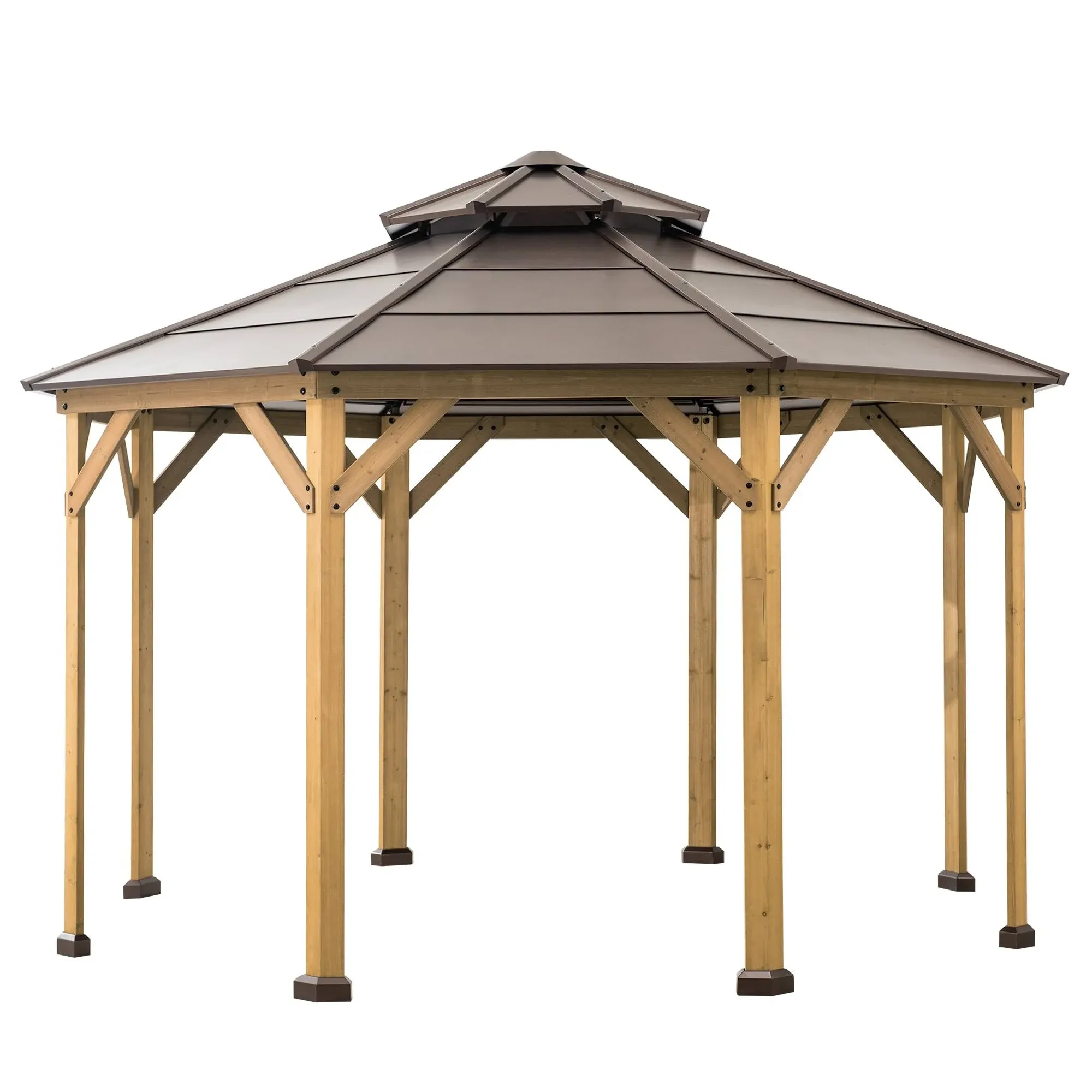 Sunjoy 13 ft. x 13 ft. Cedar Framed Octagon Gazebo with Brown Steel 2-Tier Hardtop Roof