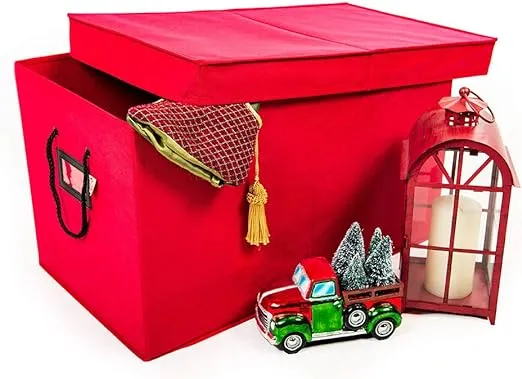 [Multi Use Christmas Decoration Storage Box] - Self Standing Container with ID Tag Holder for Easy Identification - for Garland Storage and Other Miscellaneous Decor Storage (Red)