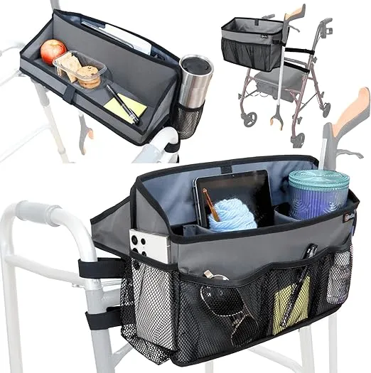 Walker Basket for Folding Walker +Flip-Down Walker Tray +Reacher/ Cane Holder...