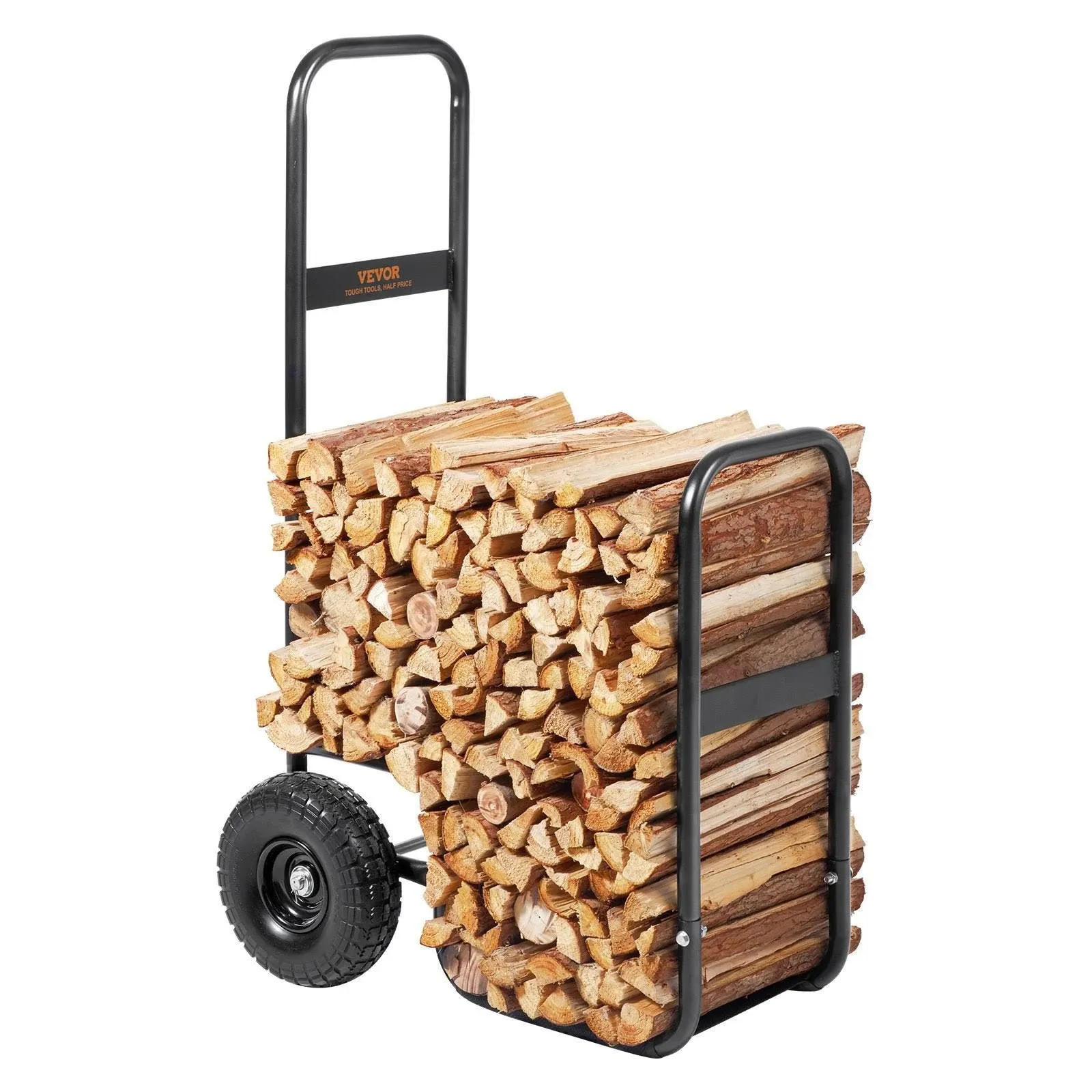 VEVOR Firewood Log Cart, 250 lbs Capacity, Outdoor and Indoor Wood Rack Storage Mover with PU Wheels &amp; Waterproof Cloth, Heavy Duty Steel Dolly Hauler, Firewood Carrier for Fireplace, Fire Pit, Black