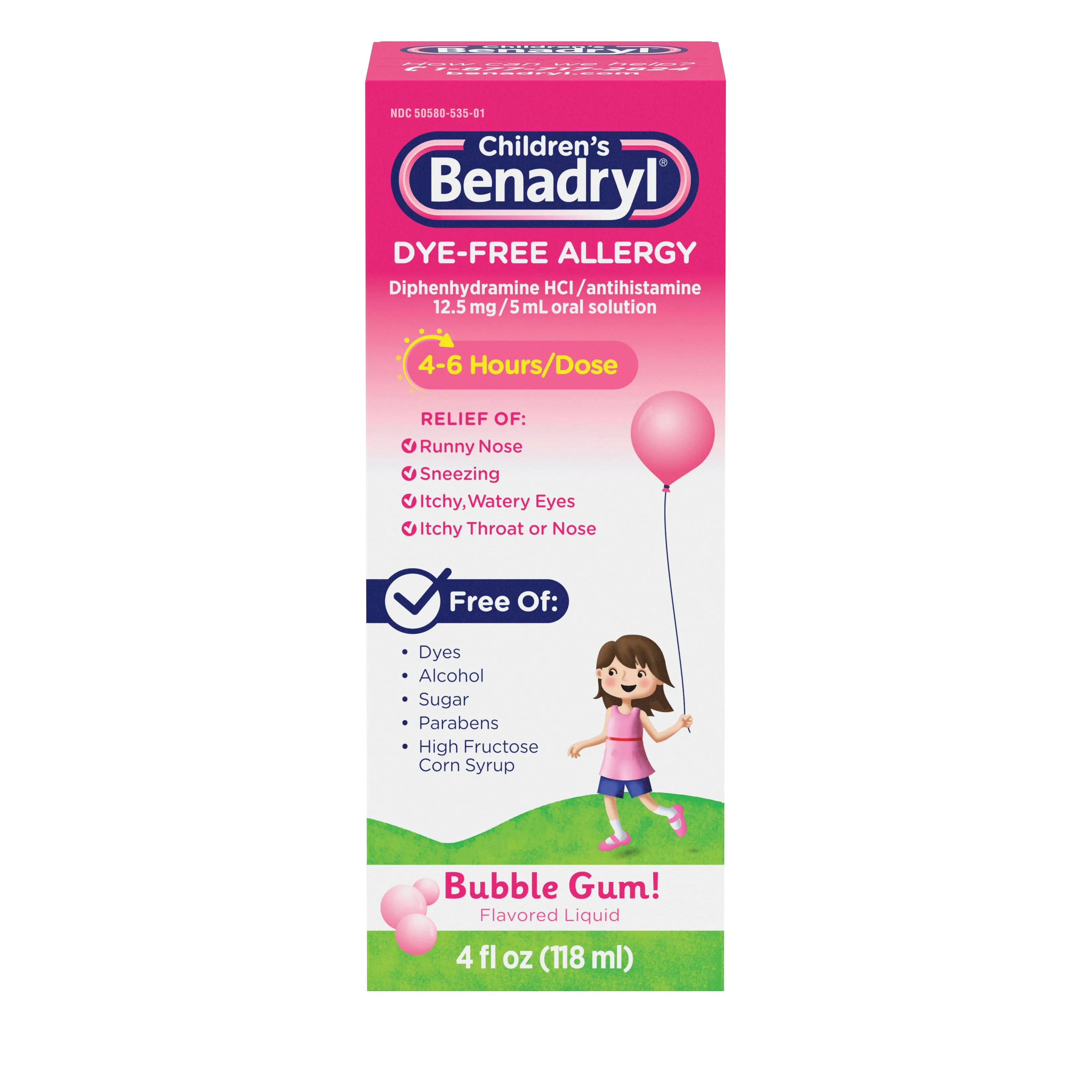 Benadryl Children's Allergy, Dye-Free, Liquid, Bubble Gum Flavored - 4 fl oz