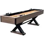 Hathaway Excalibur 9-Ft Shuffleboard Table for Great for Family Recreation Game Rooms, Designed with a Rustic Driftwood Finish with Built-In Leg Levelers, Includes 8 Pucks, Table Brush and Wax