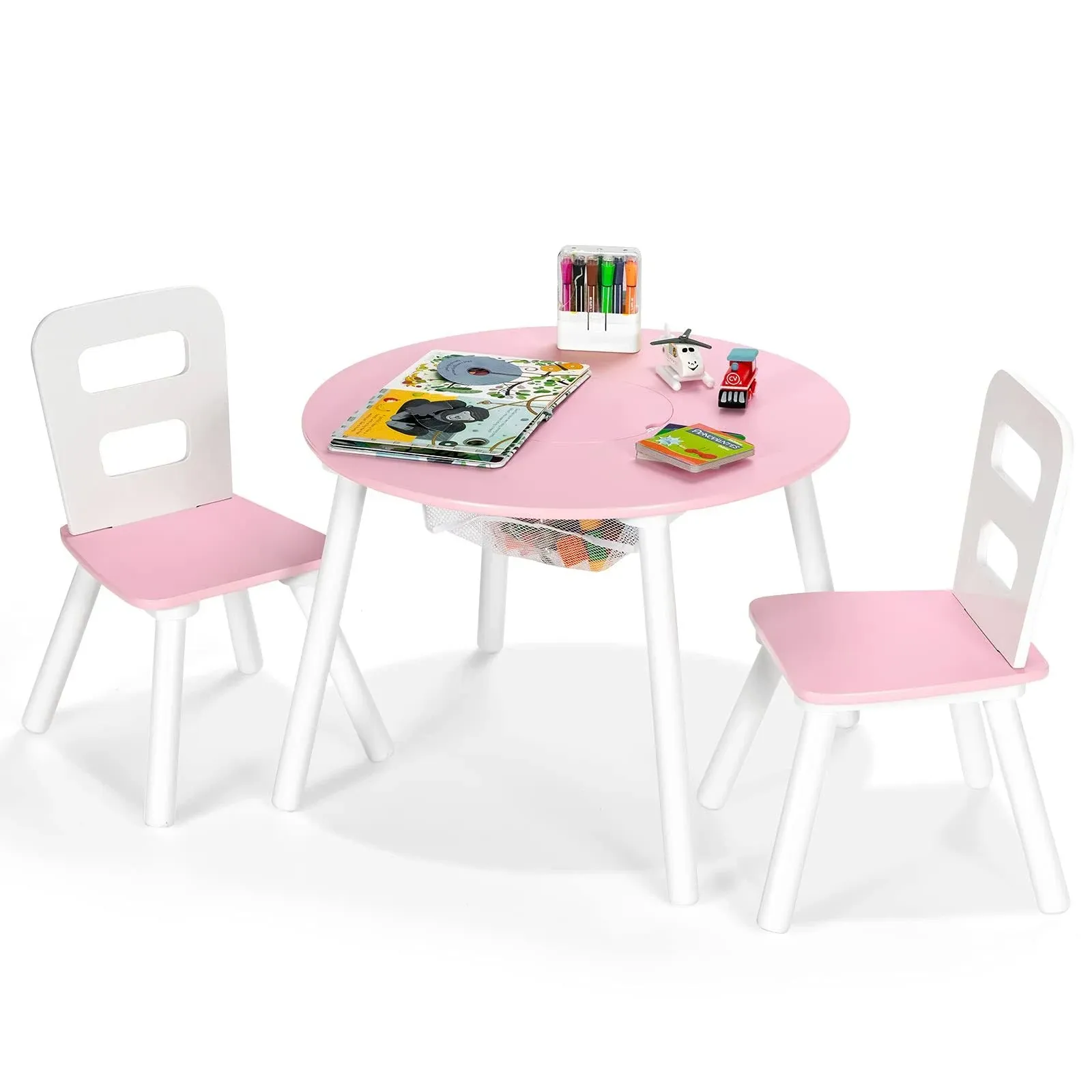 Costzon Kids Table and Chair Set, Wood Activity Table w/Center Mesh Storage, Pink