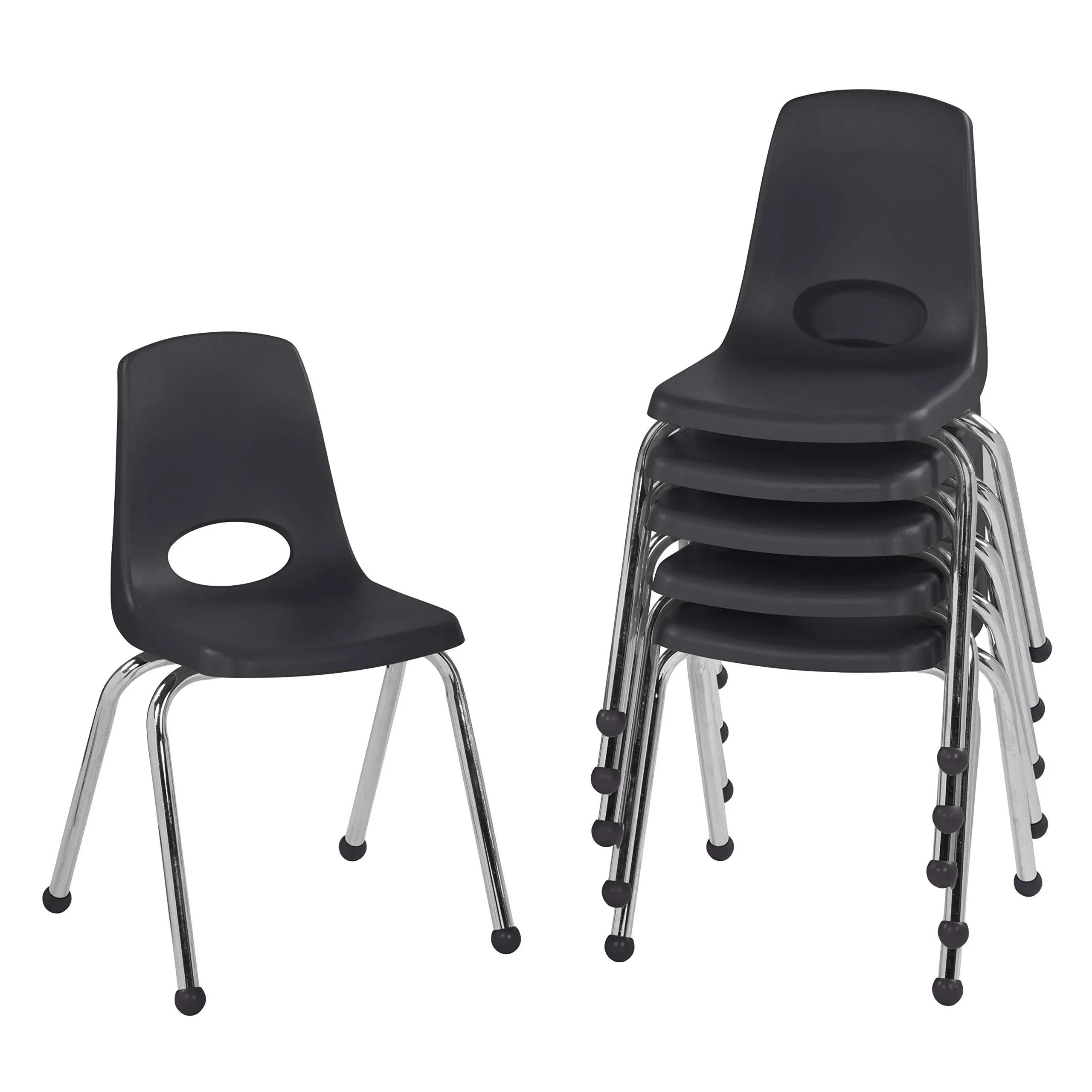 Factory Direct Partners 10367-BK 16" School Stack Chair, Stacking Student Seat with Chromed Steel Legs and Ball Glides for in-Home Learning or Classroom - Black (6-Pack)