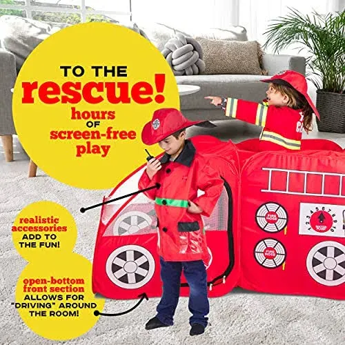 Fire Truck Pop Up Play Tent with Firefighter Costume, Jacket & Hat - Red Fire ...