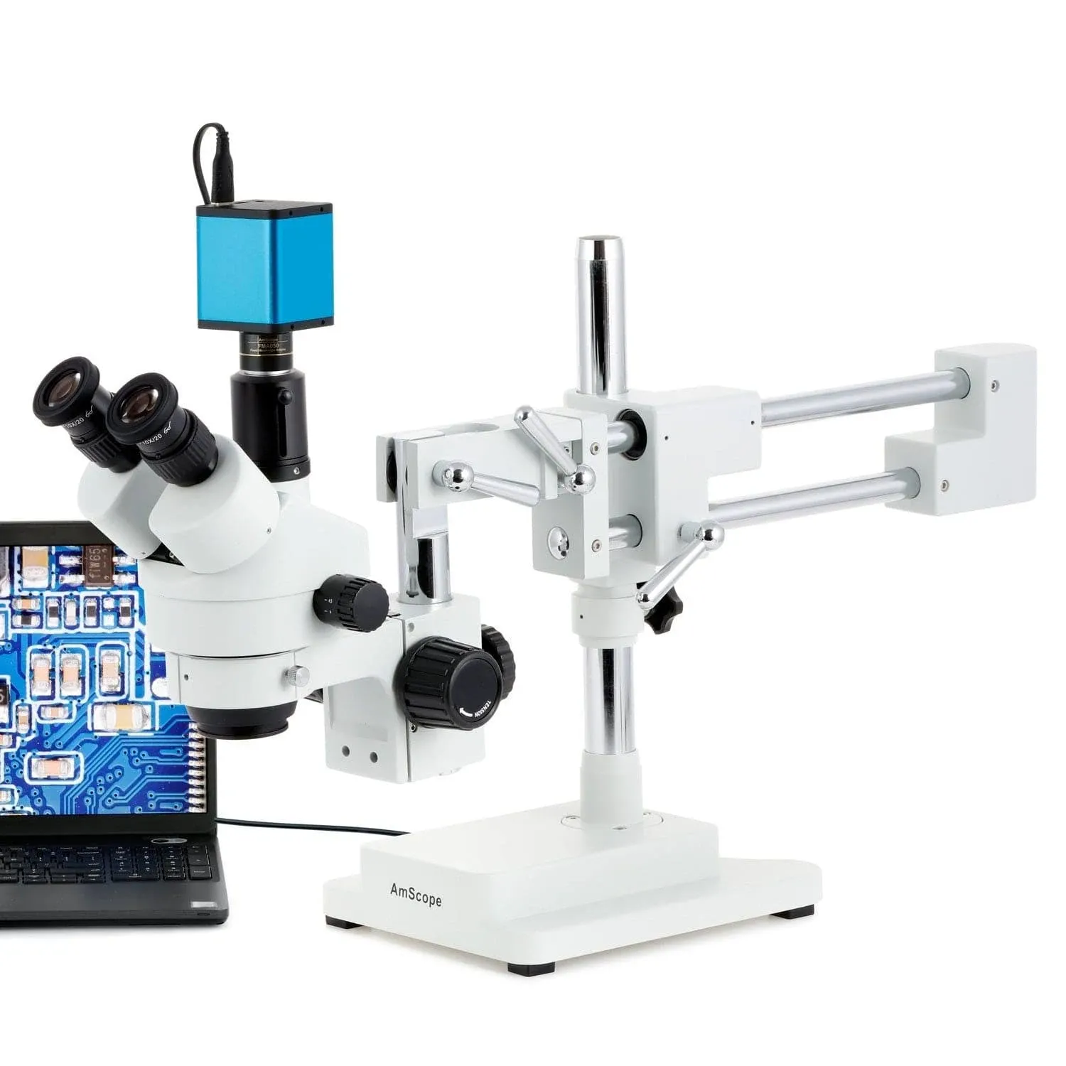 Amscope Sm-4Tp 7X-45X Simul-Focal Stereo Zoom Microscope On Dual Arm Boom Stand