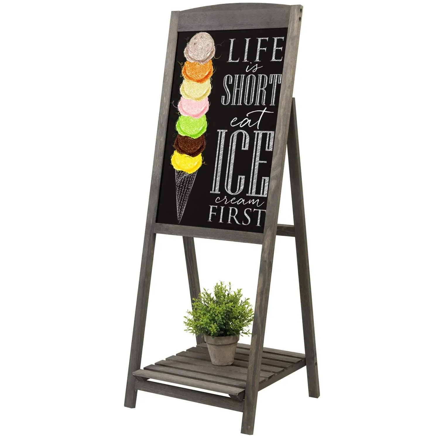 MyGift Vintage Gray Wood A-Frame Chalkboard Easel, 45" Freestanding Decorative Chalkboard Sign with Plant Shelf Stand