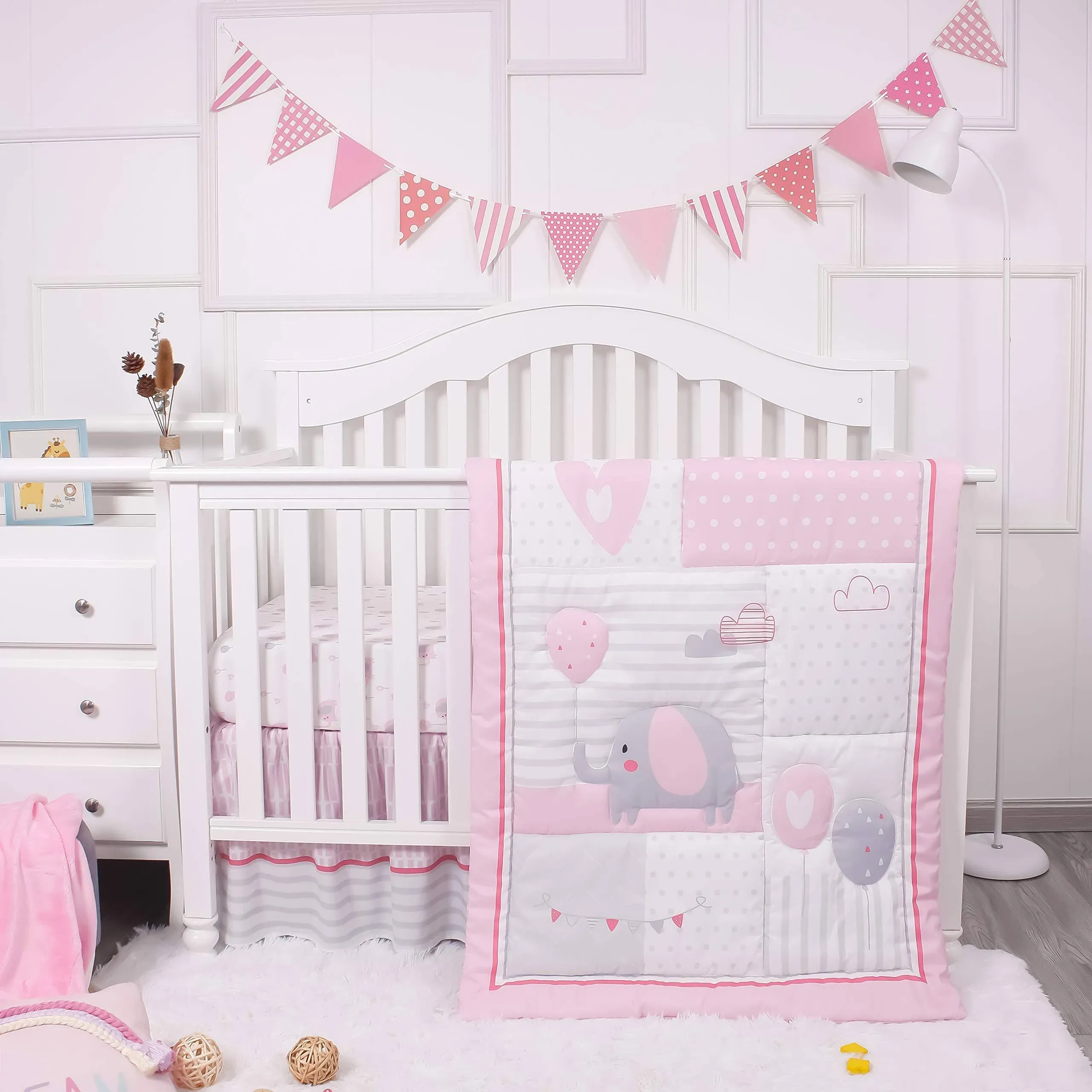 Baby Elephant Nursery Crib Bedding Set for Girls – Pink Elephant &amp; Love Ballo...