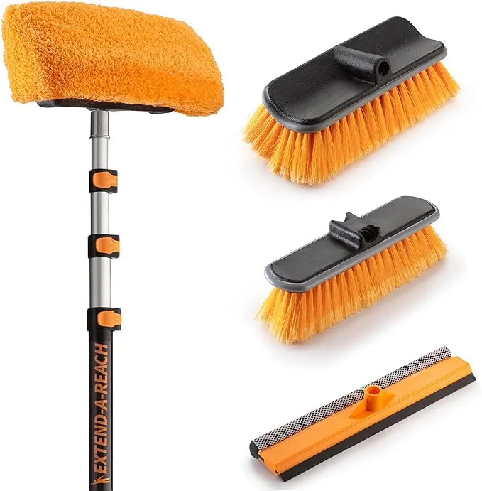 20 Foot Exterior House Cleaning Brush Set with 4-12 ft Extension Pole // Vinyl Siding Brushes with Telescopic Extendable Pole & Window Cleaning Squeegee Tool // The Ultimate Extension Scrub Brush Set