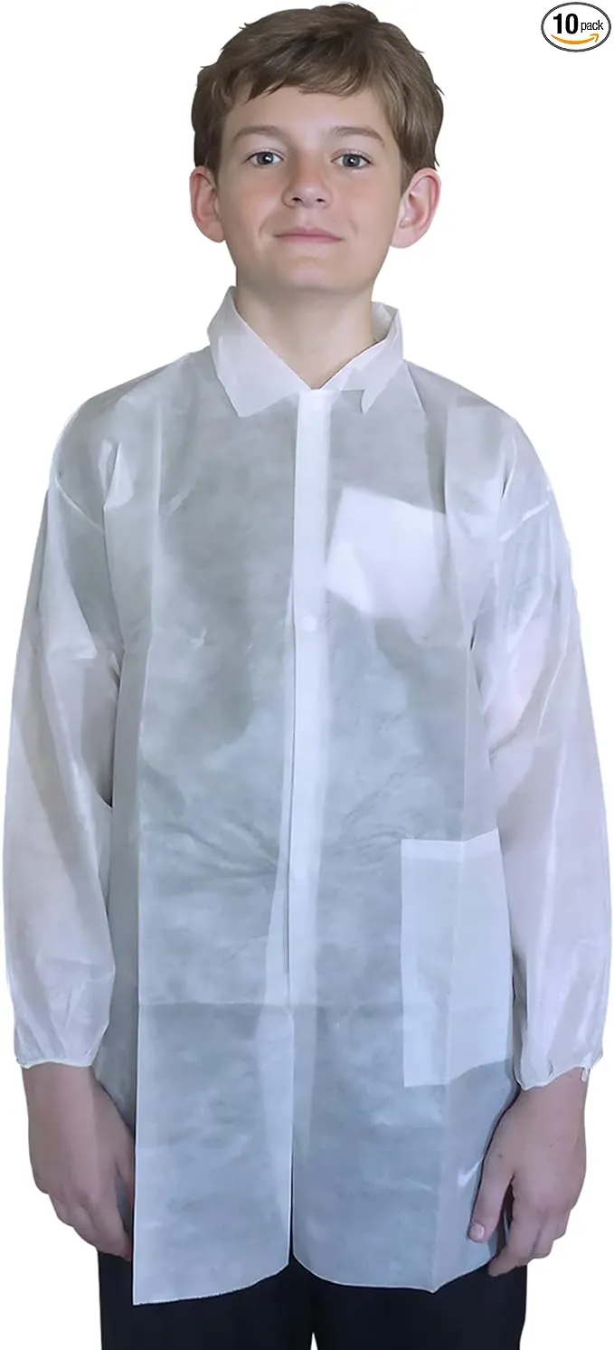 Disposable Lab Coats, White, Child Extra Small, 10 Pack