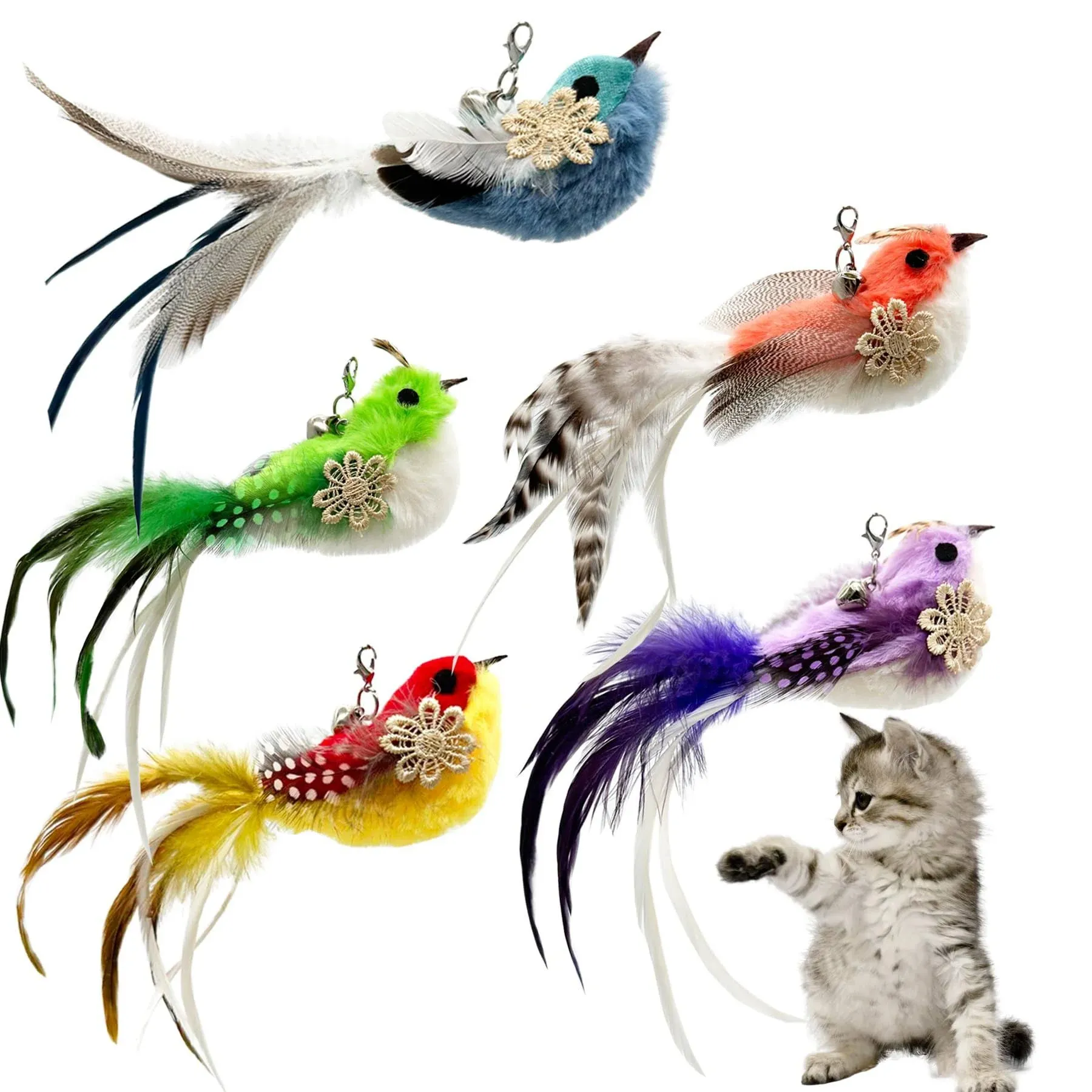 CATENEED Cat Feather Toys Refill Cat Wand Attachments 5 PCS Feathers Cat Toy Refills