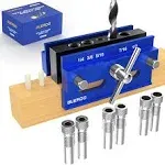 BLEKOO Self Centering Doweling Jig Kit, Drill Jig For Straight Holes Biscuit Joiner Set With 6 Drill Guide Bushings, Adjustable Width Drilling Guide