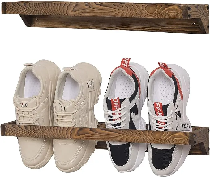 MyGift Set of 2 Solid Wooden Wall Mounted Shoe Rack Storage Organizer with Rustic Burnt Wood Finish, Hanging Footwear Holder for Closet, Mudroom, Entryway, Holds 4 Pairs