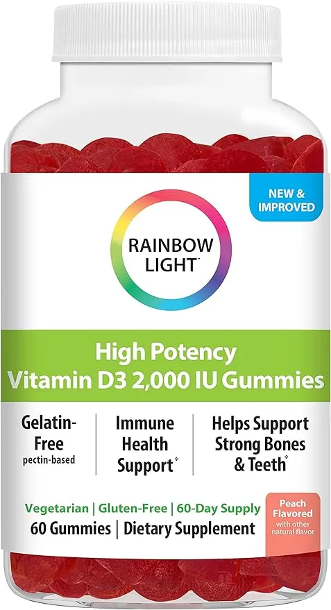 Rainbow Light Vitamin D Gummies, High Potency Vitamin D3 2,000IU Immune Health Support, Helps Support Strong Bones & Teeth, Gluten Free, Vegan, Peach, 60 Gummies