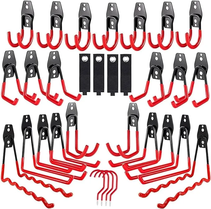 3-H Garage Storage Hooks 31 Pack,Garage Hooks Heavy Duty with 1 Extra Strengthen Welding Point,Garage Hooks for Hanging Shed Ladder Chair Yard Organizing Shovel Garden Tools Hose Weed Eate(red)