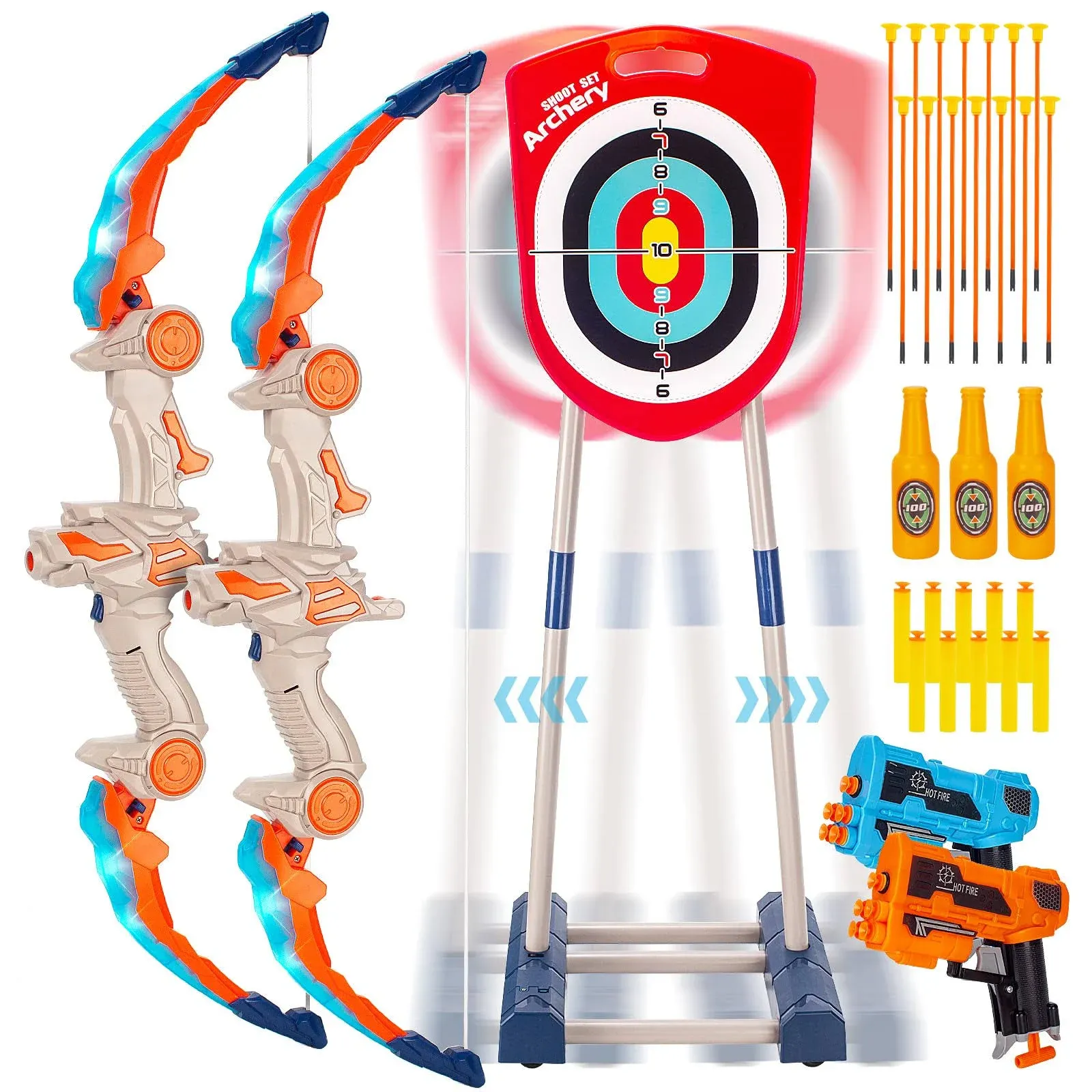 NIDUYONG 2 Pack Bow and Arrow Set for Kids(Electric Moving Target), Light Up Archery Set with 14 Suction Cup Arrows, Outdoor Games for Kids, Toys