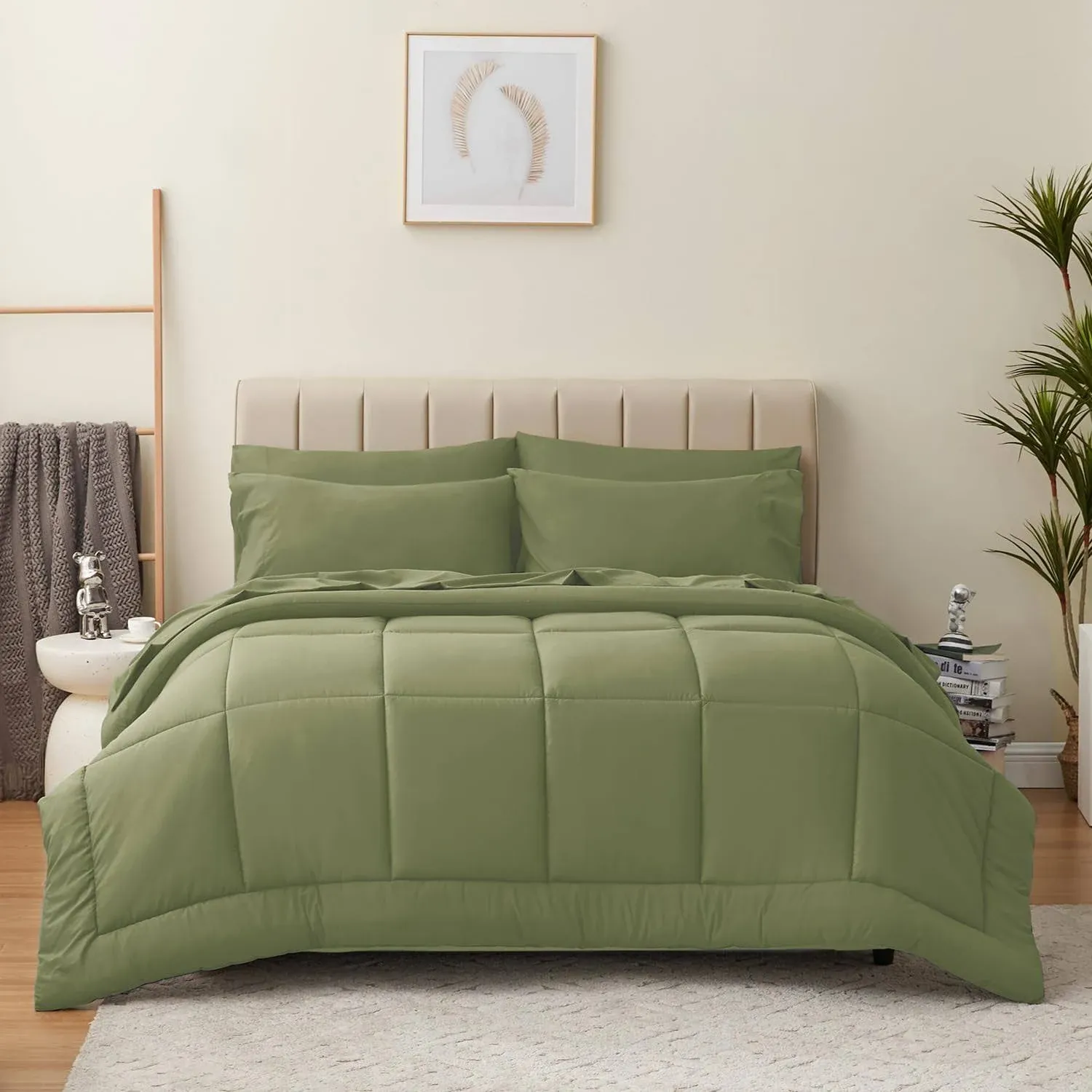 CozyLux Queen Comforter Set - 7 Pieces Bed in a Bag Set Olive Green Bedding S...