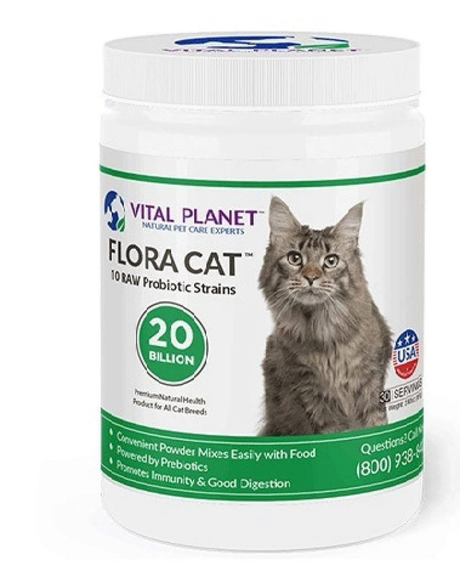 Vital Planet - Flora Cat Probiotic Powder Supplement with 20 Billion Cultures and 10 Diverse Strains High Potency Probiotics for All Cats for Feline Digestive and Immune Support 30 Scoops 3.92 oz