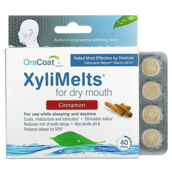 Oracoat XyliMelts Dry Mouth Relief Moisturizing Oral Adhering Discs 40 Count, Cinnamon with Xylitol, for Dry Mouth, Stimulates Saliva, Non-Acidic