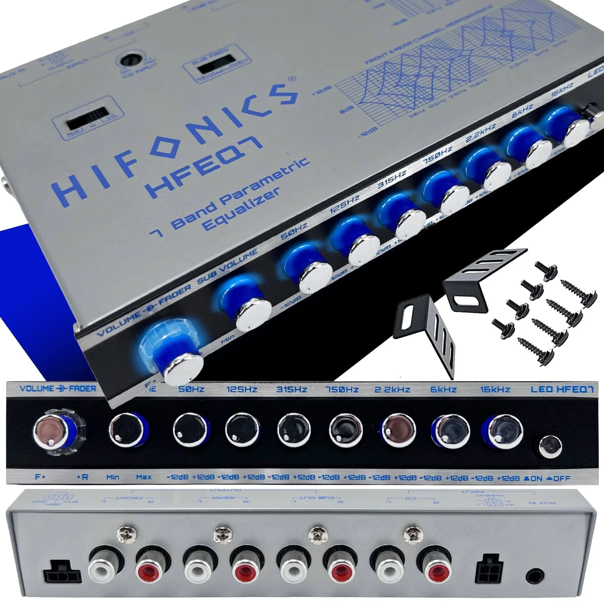 Hifonics HFEQ7 7-Band 9 Volts 1/2 DIN Pre-Amp Car Audio Graphic Equalizer with Front 3.5mm Auxiliary Input, Rear RCA Auxiliary Input and High Level Speaker Inputs Black