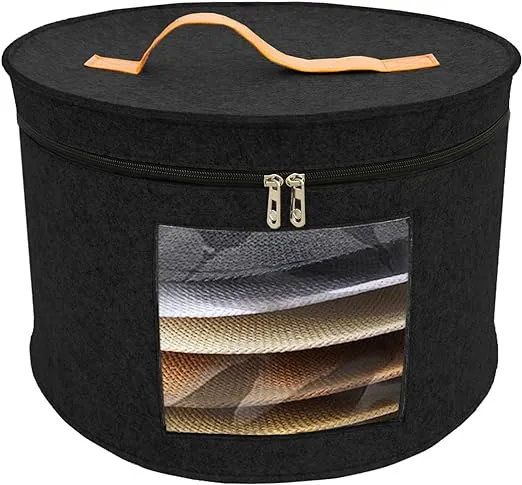 Hat Storage Box Portable Felt Organizer Bucket Foldable Large Capacity Round Travel Hat Container with Dust Proof Lid, Stuffed Animal Toys and Clothes Storage Bin Bag (Black)