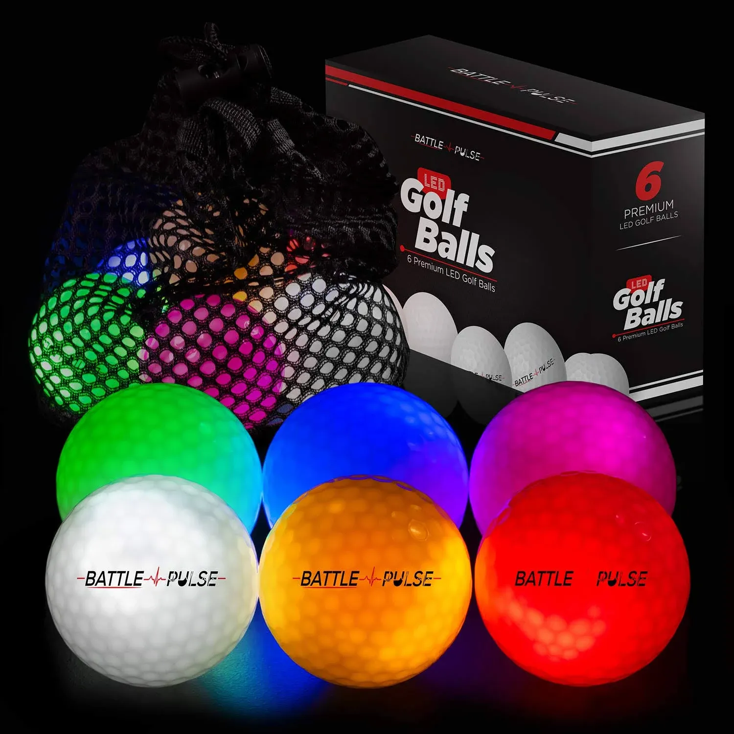 300-hr Lighting Time Glow in The Dark Golf Balls with Mesh Bag | Water Resistant Glow Golf Balls | 6 pc Light Up Golf Balls | LED Light Glow Balls | Glow in The Dark Ball | 3-Layer Design