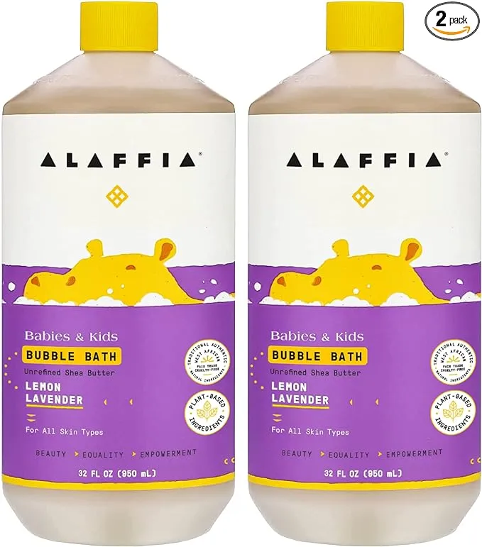 Alaffia Babies and Kids Bubble Bath, Gentle Baby Essentials for Delicate Skin, Cleansing & Calming Bubbles, Plant Based Formula, Vegan, Lemon Lavender (2 Pack - 32 Fl Oz Ea)