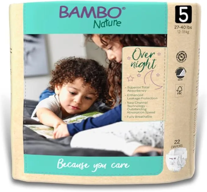 Bambo Nature Overnight Diapers, Size 5 22 Count