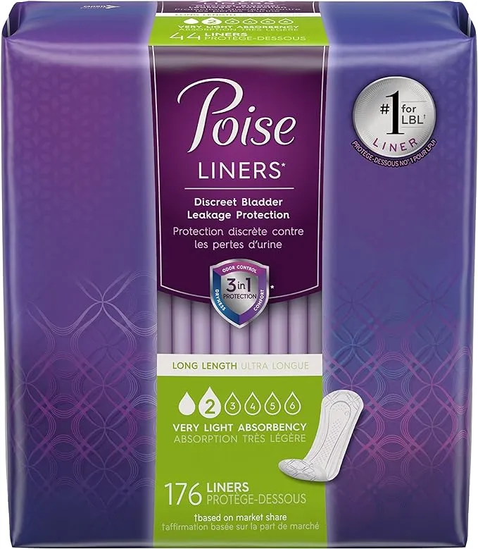 Poise Daily Incontinence Panty Liners, 2 Drop Very Light Absorbency, Long, 176 Count of Pantiliners