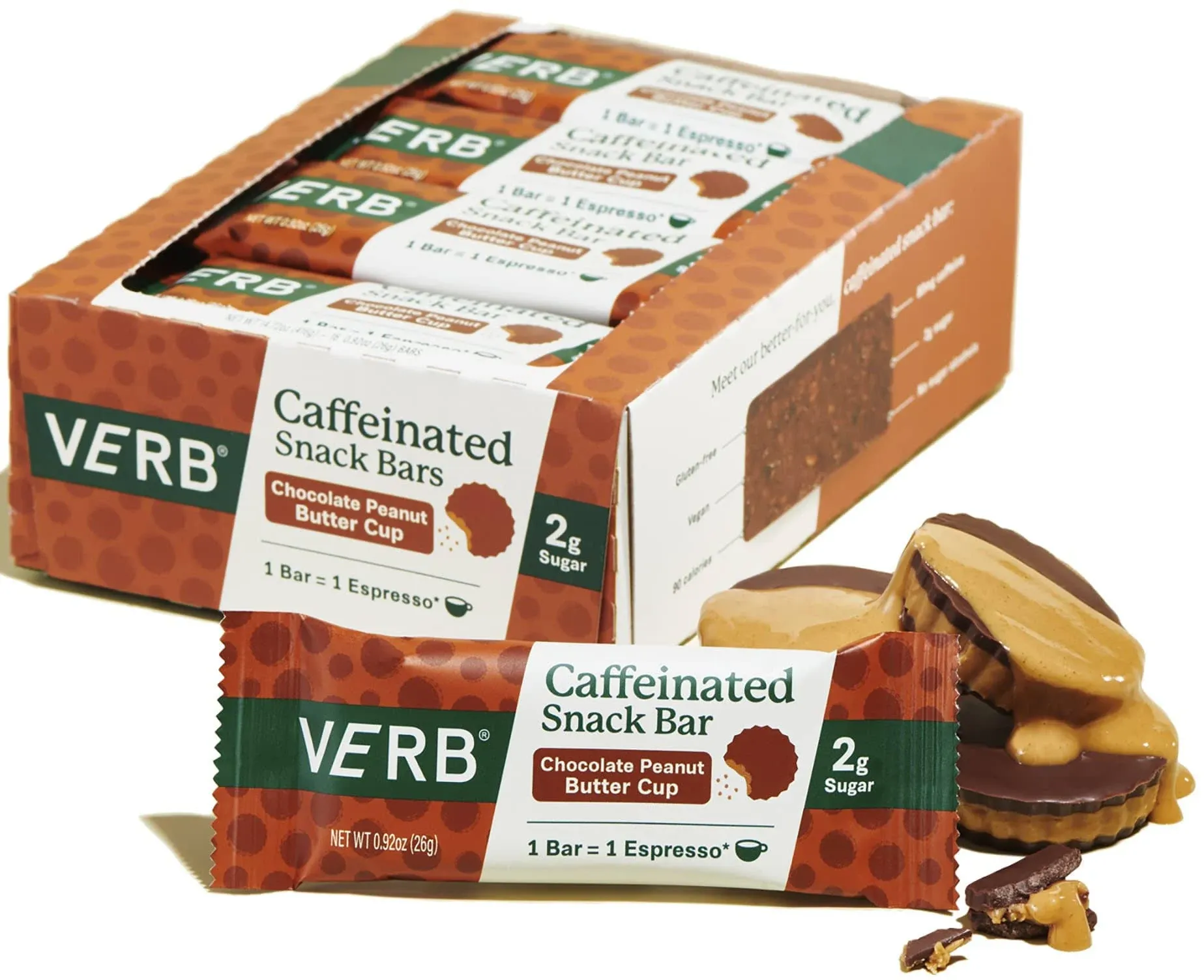 Verb Energy - Chocolate Peanut Butter Cup Caffeinated Snack Bars - 110-Calorie Energy Bar - Keto Friendly Nutrition Bars - Vegan Snacks - Gluten Free with Organic Green Tea, 26g (Pack of 16)