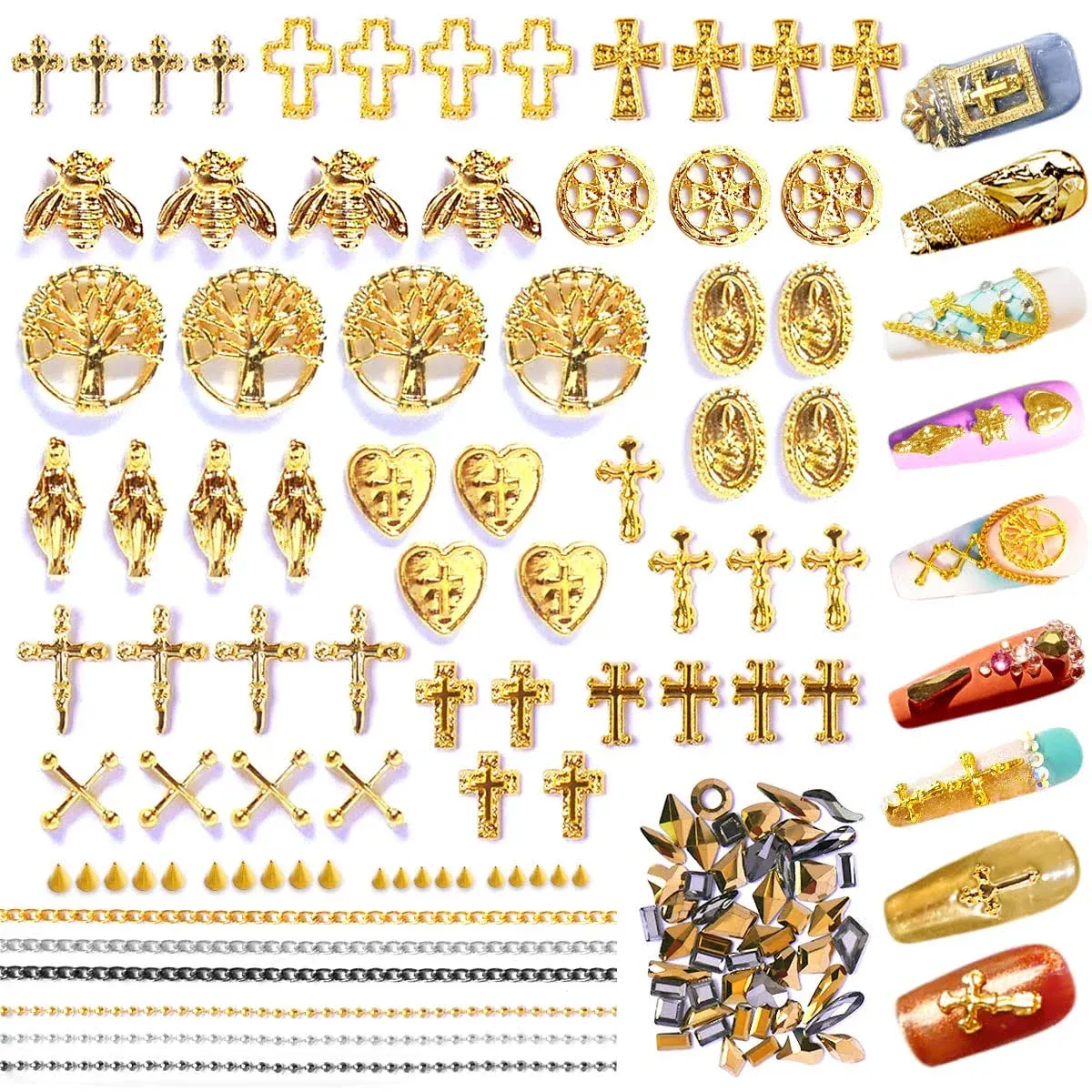 LCiclly 136pcs 3D Nail Charms Rhinestones for Acrylic Nail Art Metal Nail Chains Gold Cross Heart Vintage Alloy Nail Rivet Studs Tip Punk Accessories