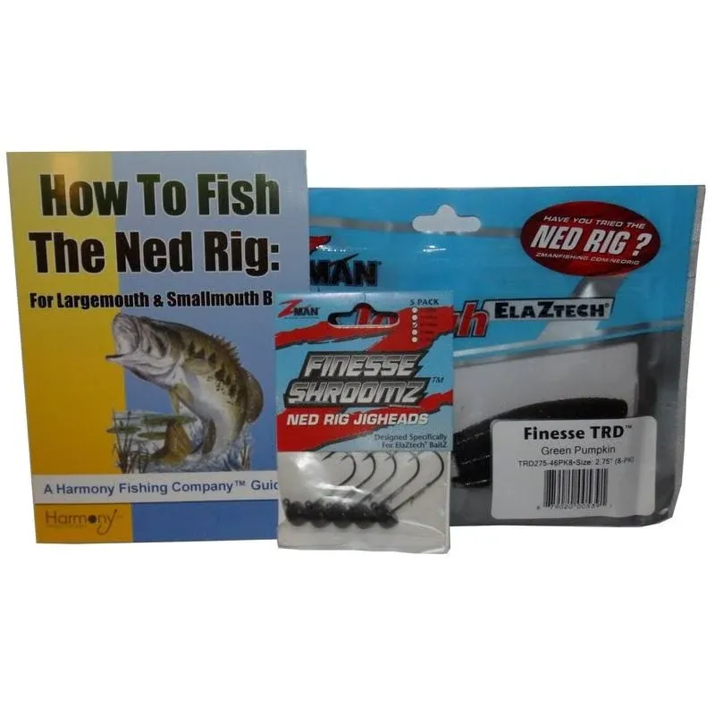 Harmony Fishing Company Ned Rig Kit - Z-Man Finesse T.R.D. 8pk + Finesse Shroomz Jig Heads 5pk (Green Pumpkin) + How to Fish The Ned Rig Guide