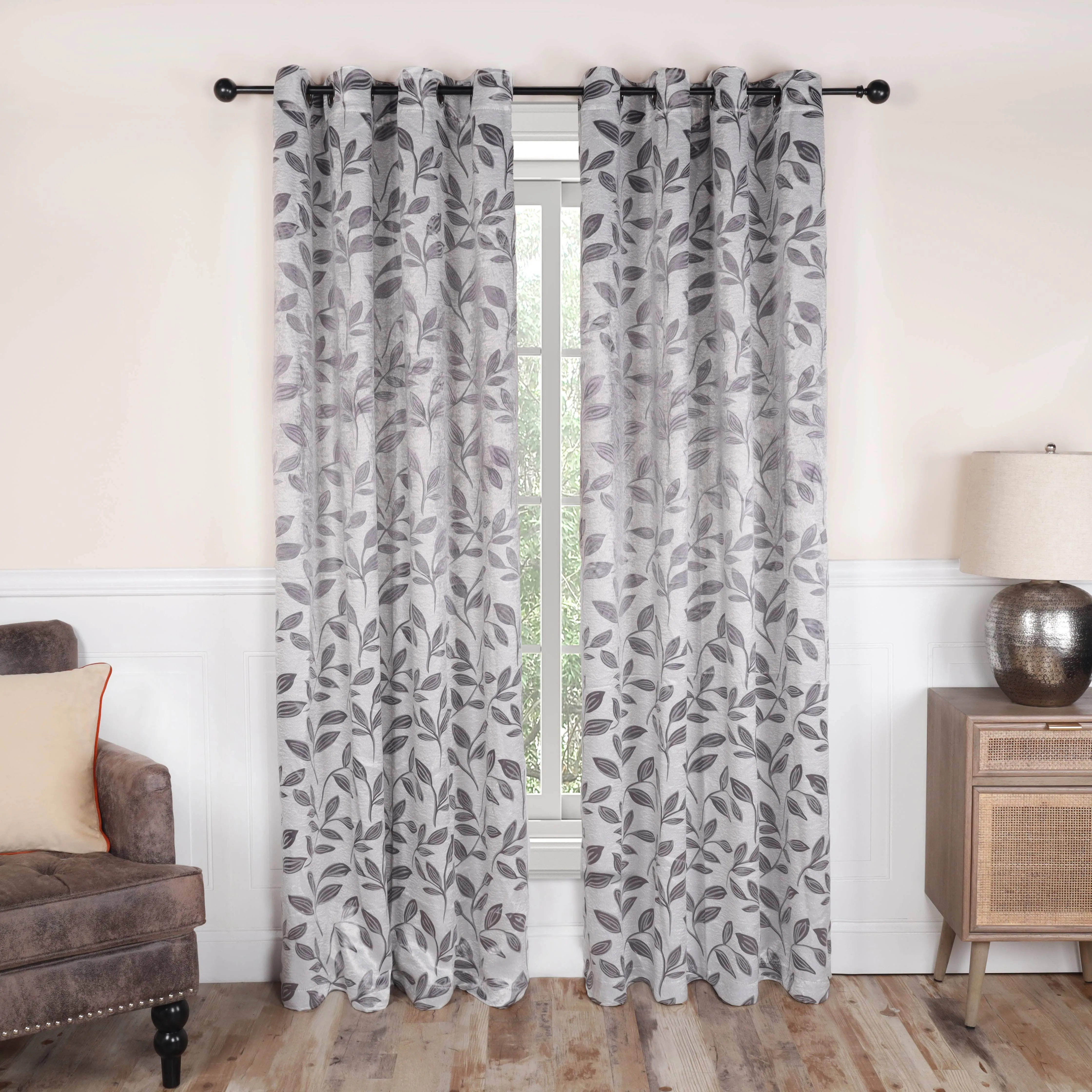 Superior Leaves Blackout 2 Panel Curtains Gray