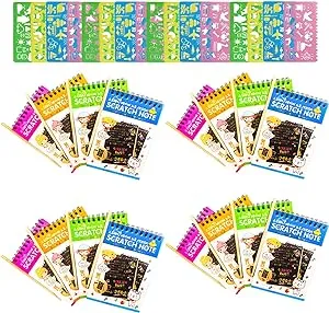 Tintec 16 Pack Scratch Notebooks  Rainbow Scratch Note Combo Art Set  Magic Scratch Painting & Sketch Art Notes Drawing Notepads for Kids - Includes Drawing Stencil and Wooden Stylu with Each Note.