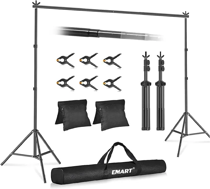 EMART Backdrop Stand 10x8.5ft(WxH) Photo Studio Adjustable Background Stand Support Kit with 2 Crossbars, 8 Backdrop Clamps, 2 Sandbags and Carrying Bag for Parties Events Decoration