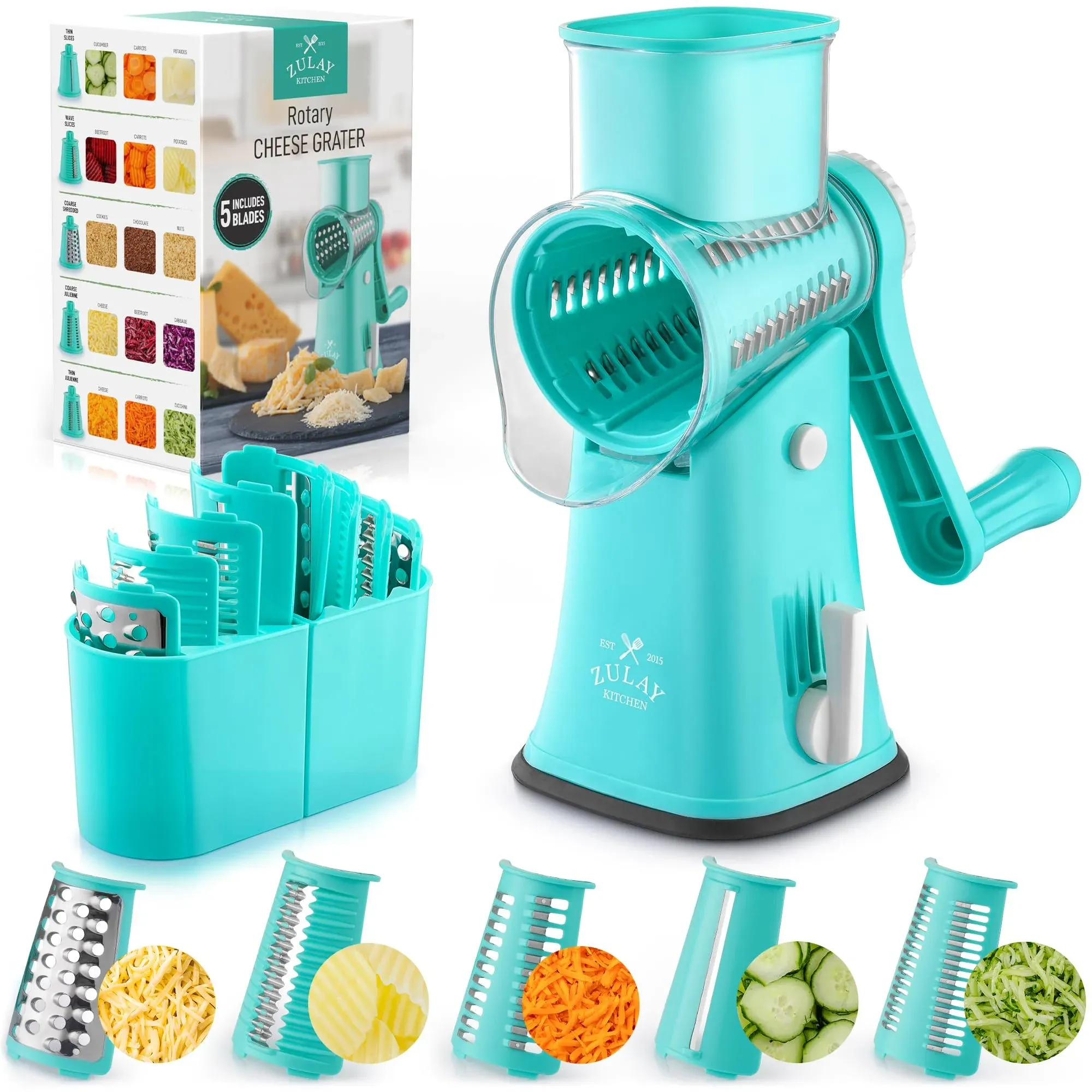 Zulay Rotary Cheese Grater 5 Blade Cheese Shredder - Manual Hand Crank Cheese Grater With Reinforced Suction & 5 Interchangeable Drums - Easy to Use Vegetable Chopper - Blush Pearl