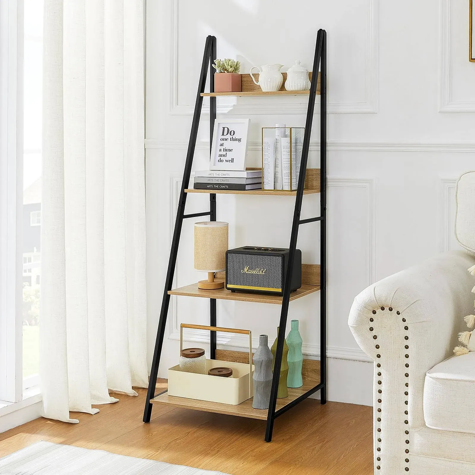 Pshelfy Ladder Shelf 4-Tier Bookshelf Wood Bookcase with Steel Frame Flower ...