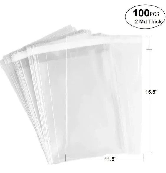 100 Bags - 11.5" x 15.5" Crystal Clear Protective Closure Bags with Self Adhesive Flap - Clear Resealable Cello/Cellophane Bags Good for Bakery, Candle, Soap, Cookie Poly Bags, in 2.1Mil Thickness