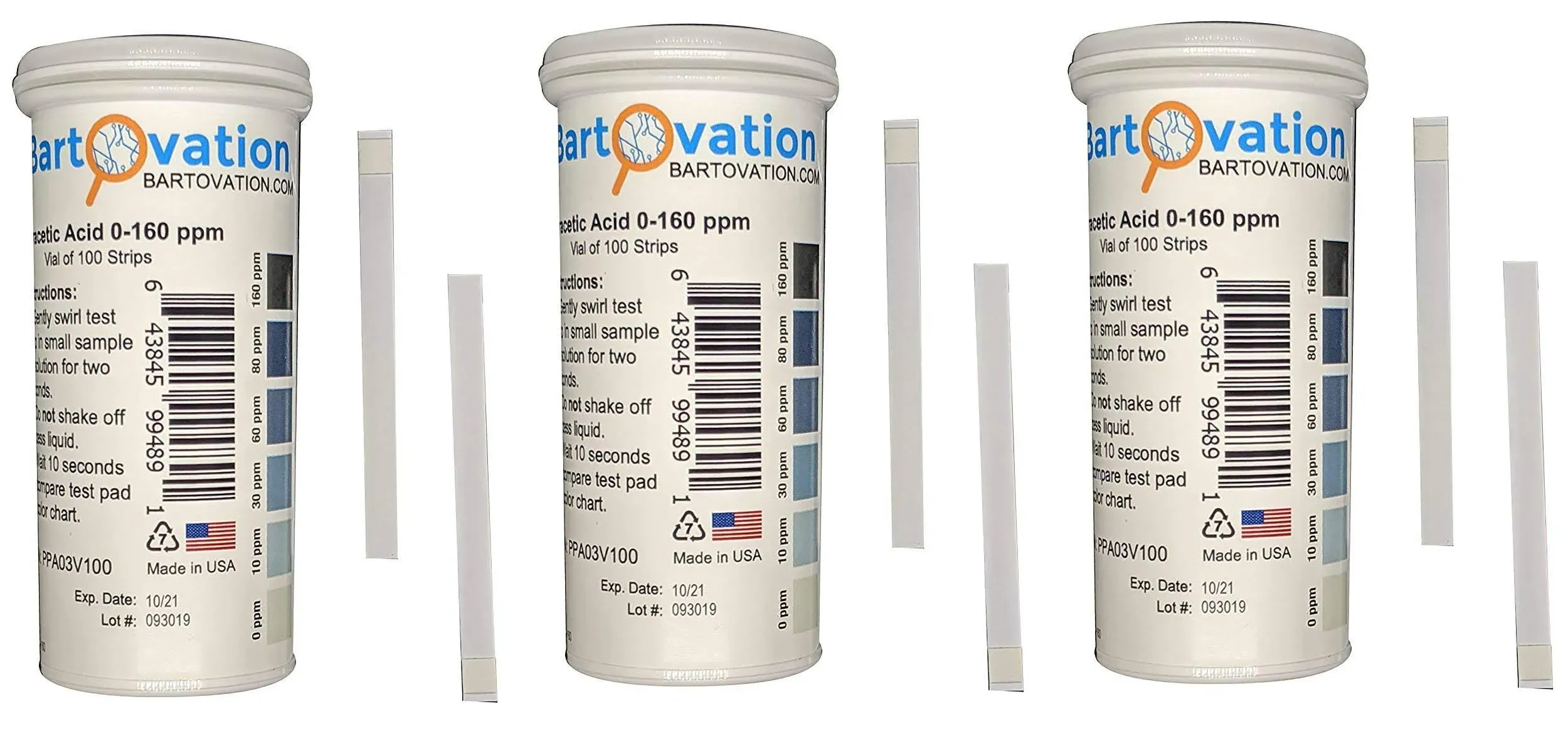 Peracetic Acid Test Strips, 0-160 ppm [3 Vials of 100 Strips per vial]