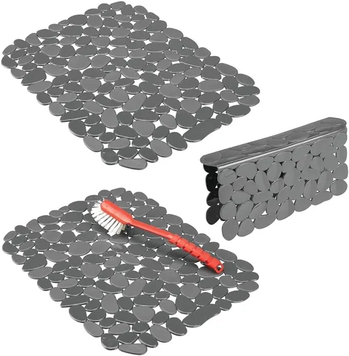 mDesign Adjustable Kitchen Sink Dish Drying Mat/Grid - Soft Plastic Sink Protector, Cushions Sinks, Dishes - Quick Draining Pebble Design - Includes 1 Saddle, 2 Large Mats - Set of 3 - Charcoal Gray