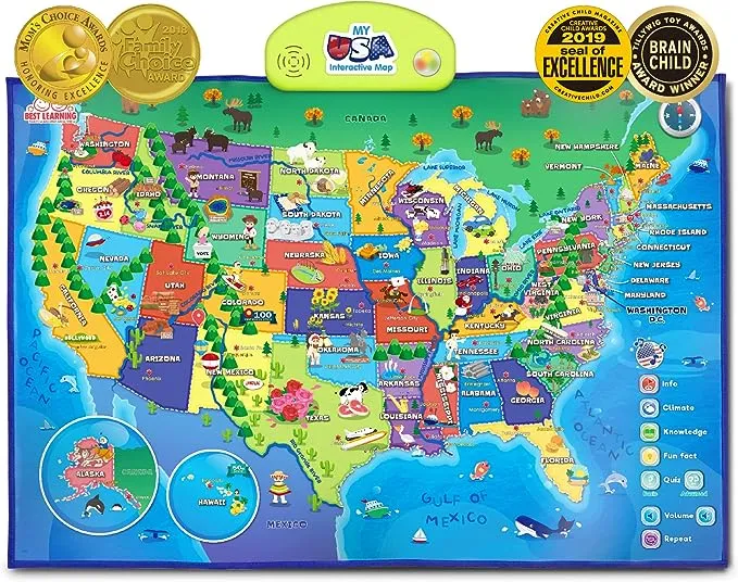 BEST LEARNING i-Poster My USA Interactive Map - Educational Smart Talking US Poster Toy for Kids Boy or Girl Ages 5 to 12 Years - United States Geography Electronic Game Children 5, 6, 7 Gift Present