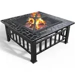 VOUNOT Fire Pit Table with BBQ Grill Shelf, 3 in 1 Square Firepit for Barbecue, Heater, Ice Pit, Metal Brazier for Garden Patio Outdoor, with Waterproof Cover