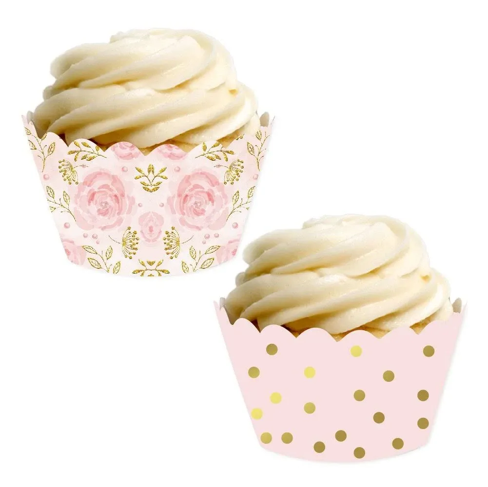 Andaz Press Party Cupcake Wrapper Decorations, Pink Roses and Pink with Metallic Gold Ink Polka Dots, 24-Pack, Girl Baby Shower 1st Birthday