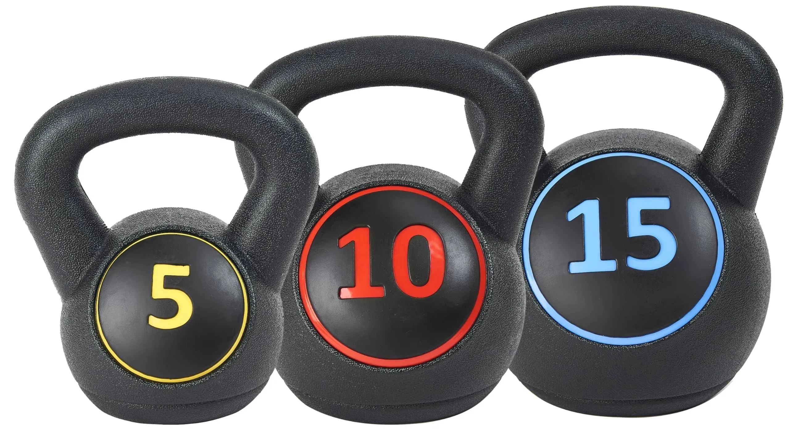 Sporzon! Wide Grip Kettlebell Exercise Fitness Weight Set, Includes 5 lbs, 10 lbs, 15 lbs, Multicolor