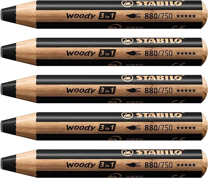 Multi-talented Pencil - Stabilo Woody 3 in 1 - Pack of 5 - Black